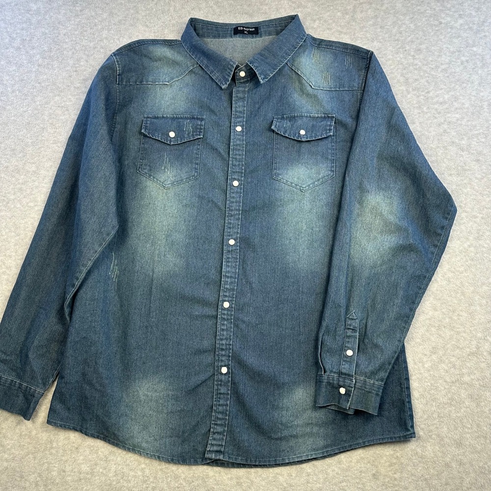 ED Express Mens XL Blue Denim Western Pearl Snap Cowboy Distressed Shirt
